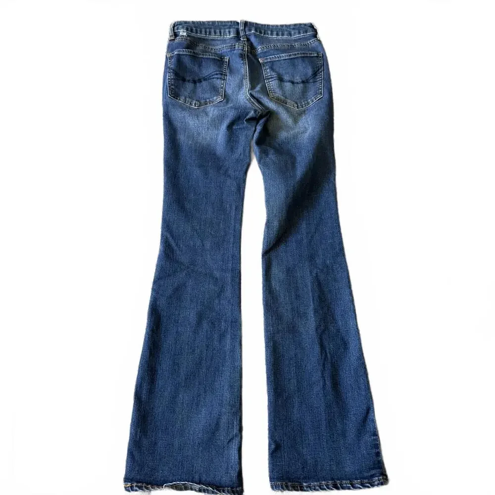 SO Denim Flare Jeans Size 5 Dark Wash Raw Hem Low Rise Y2K Size 5 - Picture 2 of 6